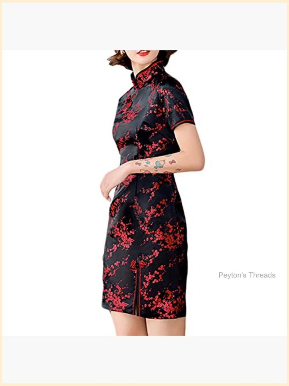 Cheongsam Dress Side Slit Mandarin Collar Floral Print Bodycon Cocktail - Picture 2 of 4